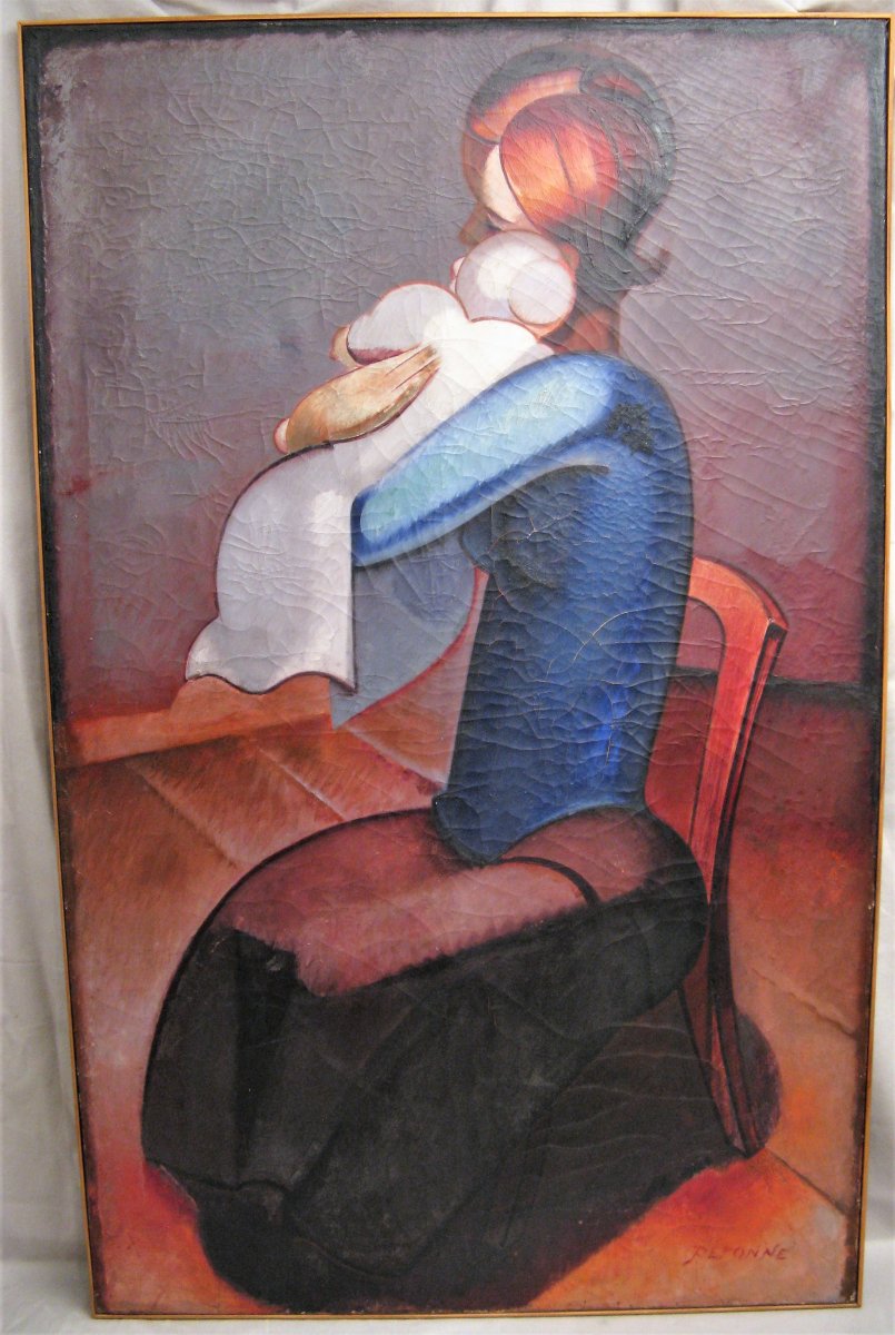 Large Oil On Canvas Painting Signed Louis Peronne "maternity" XX Th Century-photo-2