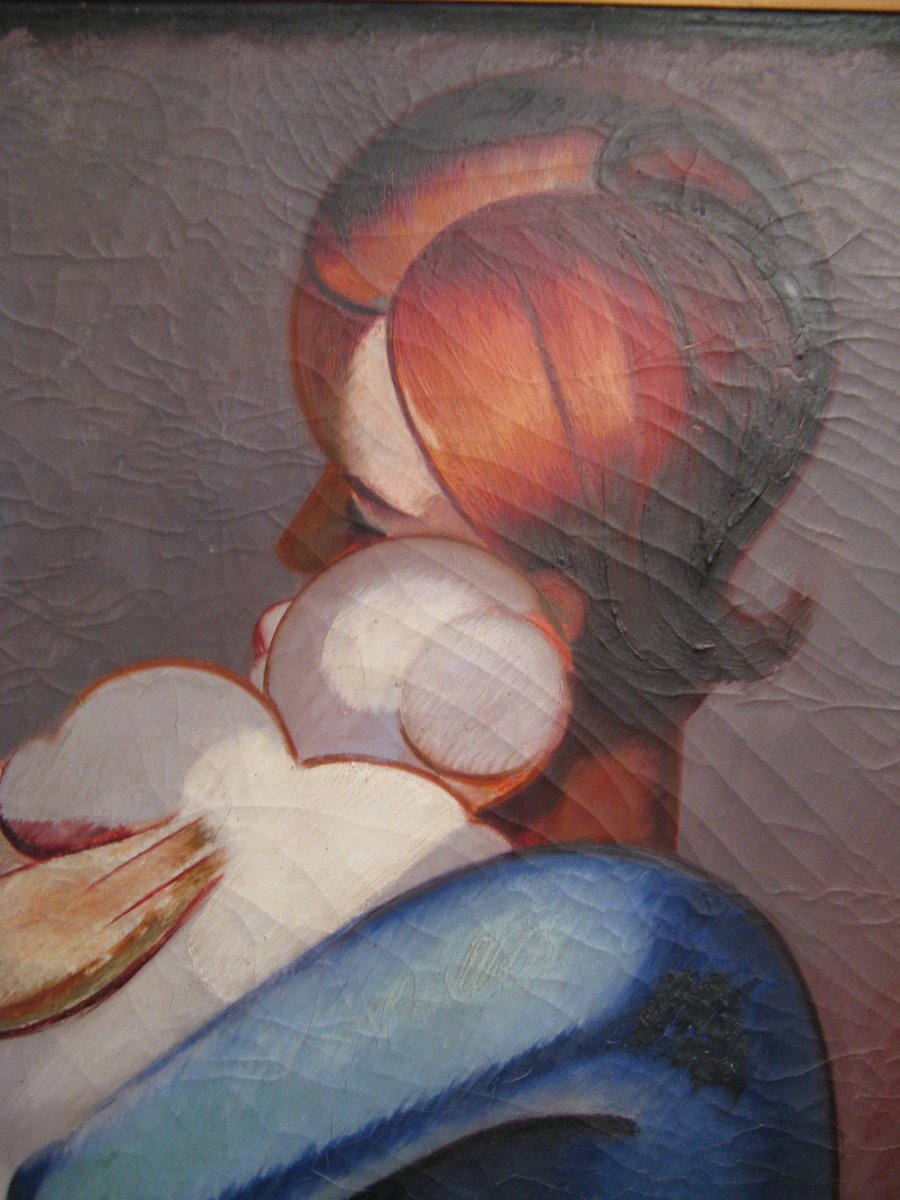 Large Oil On Canvas Painting Signed Louis Peronne "maternity" XX Th Century-photo-1