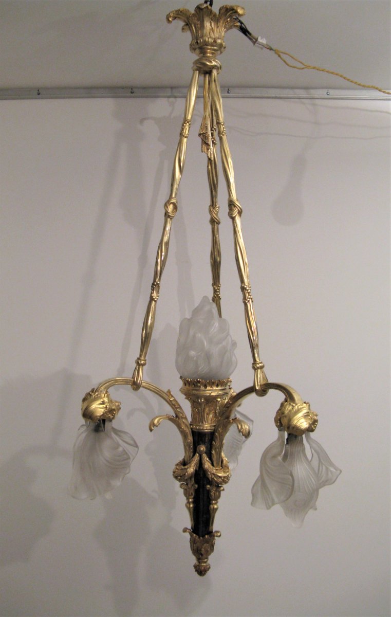 Large Louis XVI Style Chandelier In Bronze 4 Lights, XX Th Century-photo-4