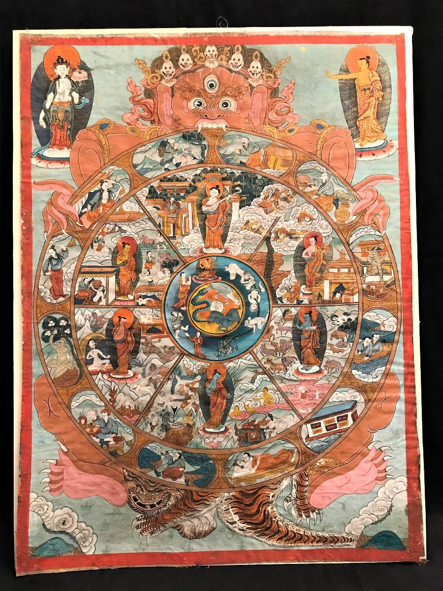 Gouache On Canvas Thangka Bhavacakra XIXth Century-photo-2