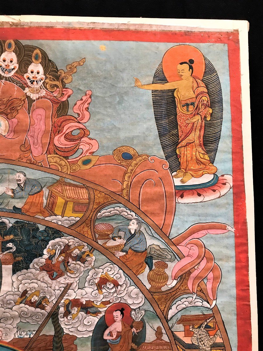 Gouache On Canvas Thangka Bhavacakra XIXth Century-photo-1