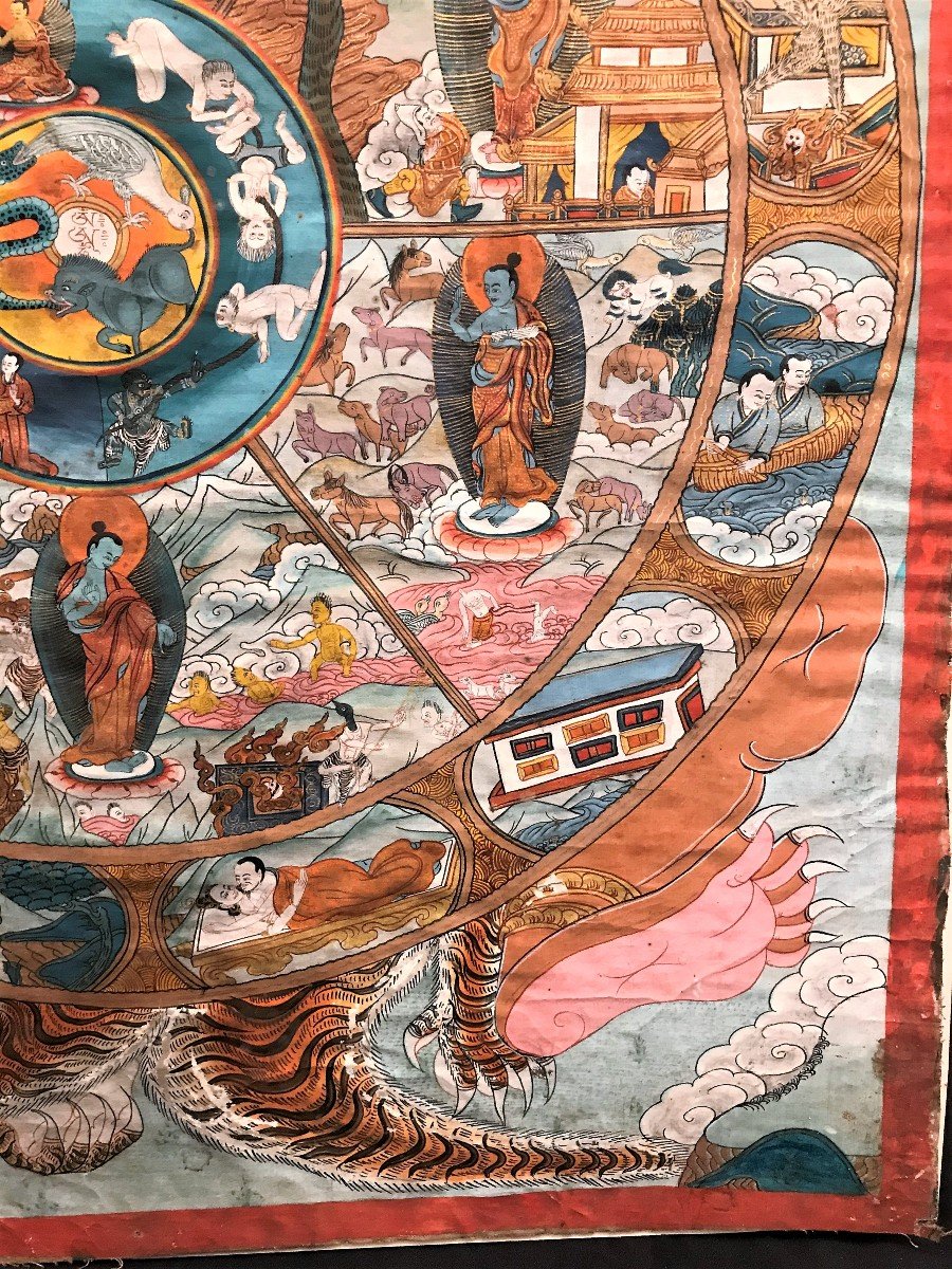 Gouache On Canvas Thangka Bhavacakra XIXth Century-photo-3