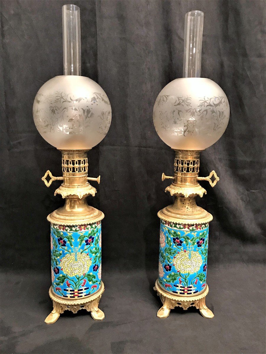 Paire de lampes à huile  Longwy époque XIXème siècle