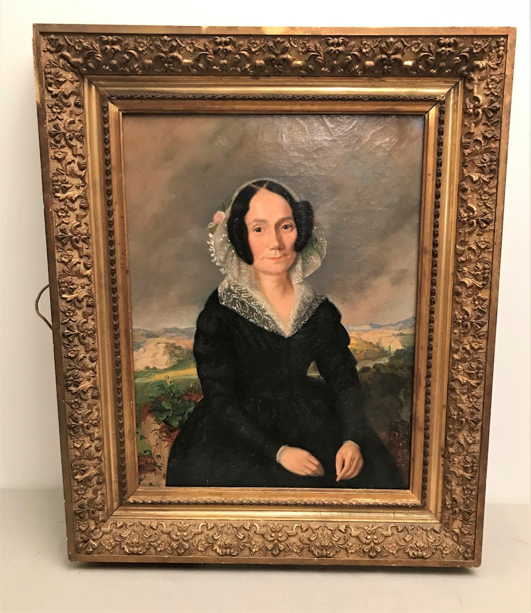 Oil On Canvas Portrait Of A Woman Lace Headdress Restoration Period XIXth Century