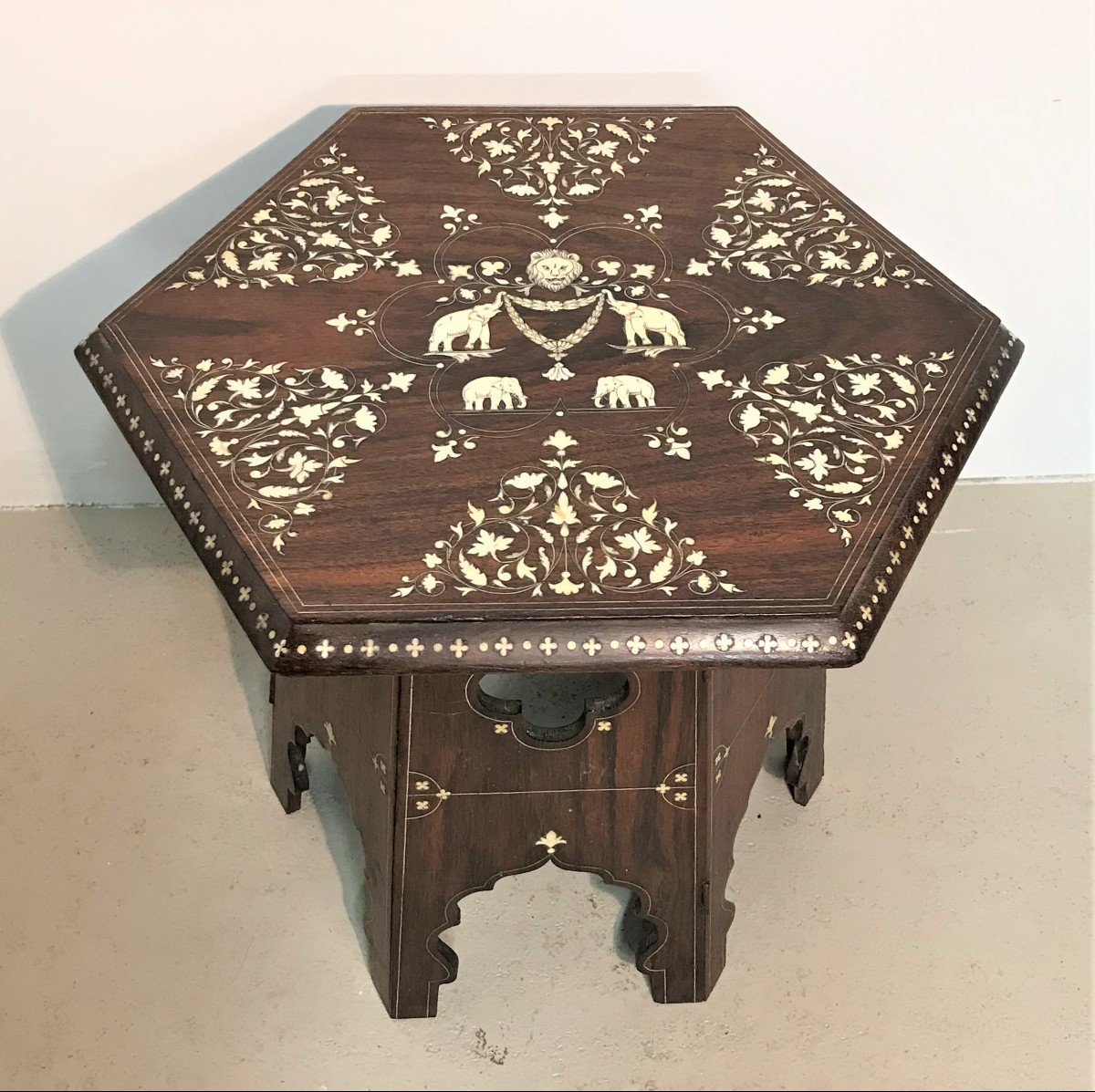 Small Syrian Coffee Table In Ivory Marquetry With Elephant Decoration