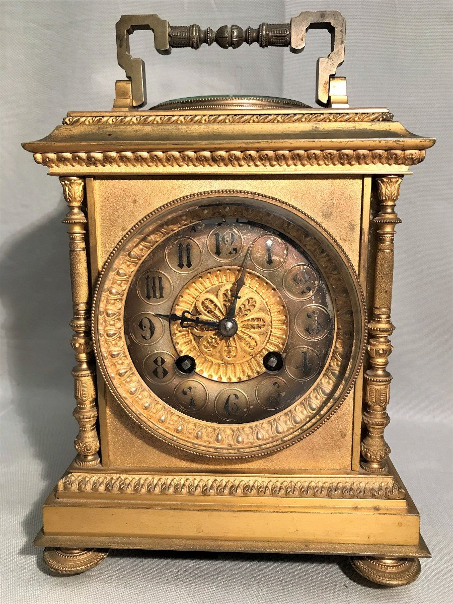Pendule de voyage Anglaise isochronal baromètre thermomètre en bronze doré-photo-3