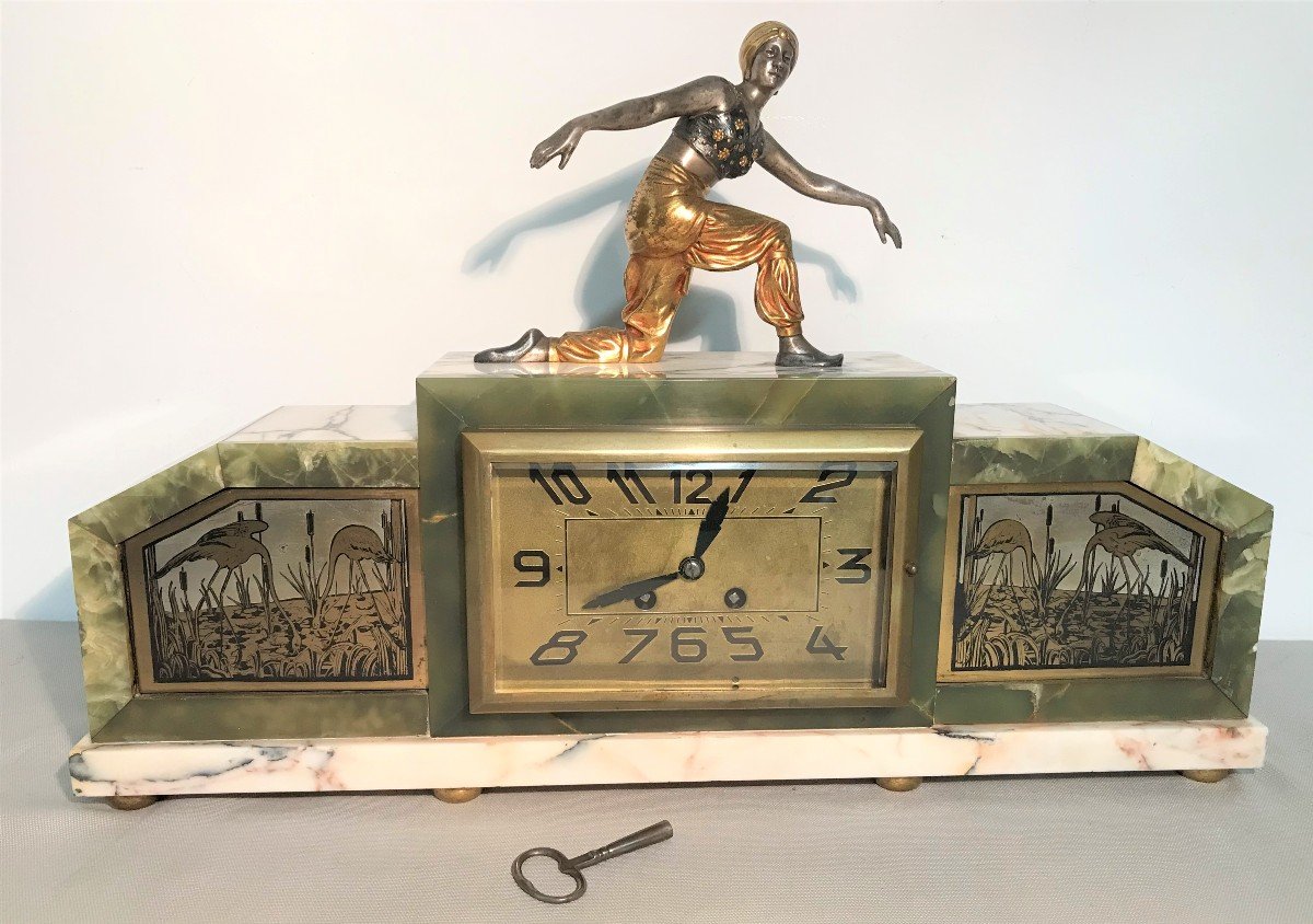 Art Deco Period Clock With Orientalist Bronze