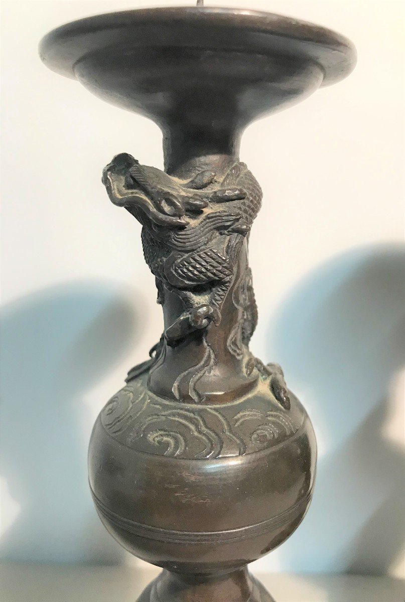Pair Of Spades Candles With Dragons In Bronze XIXth Century-photo-1