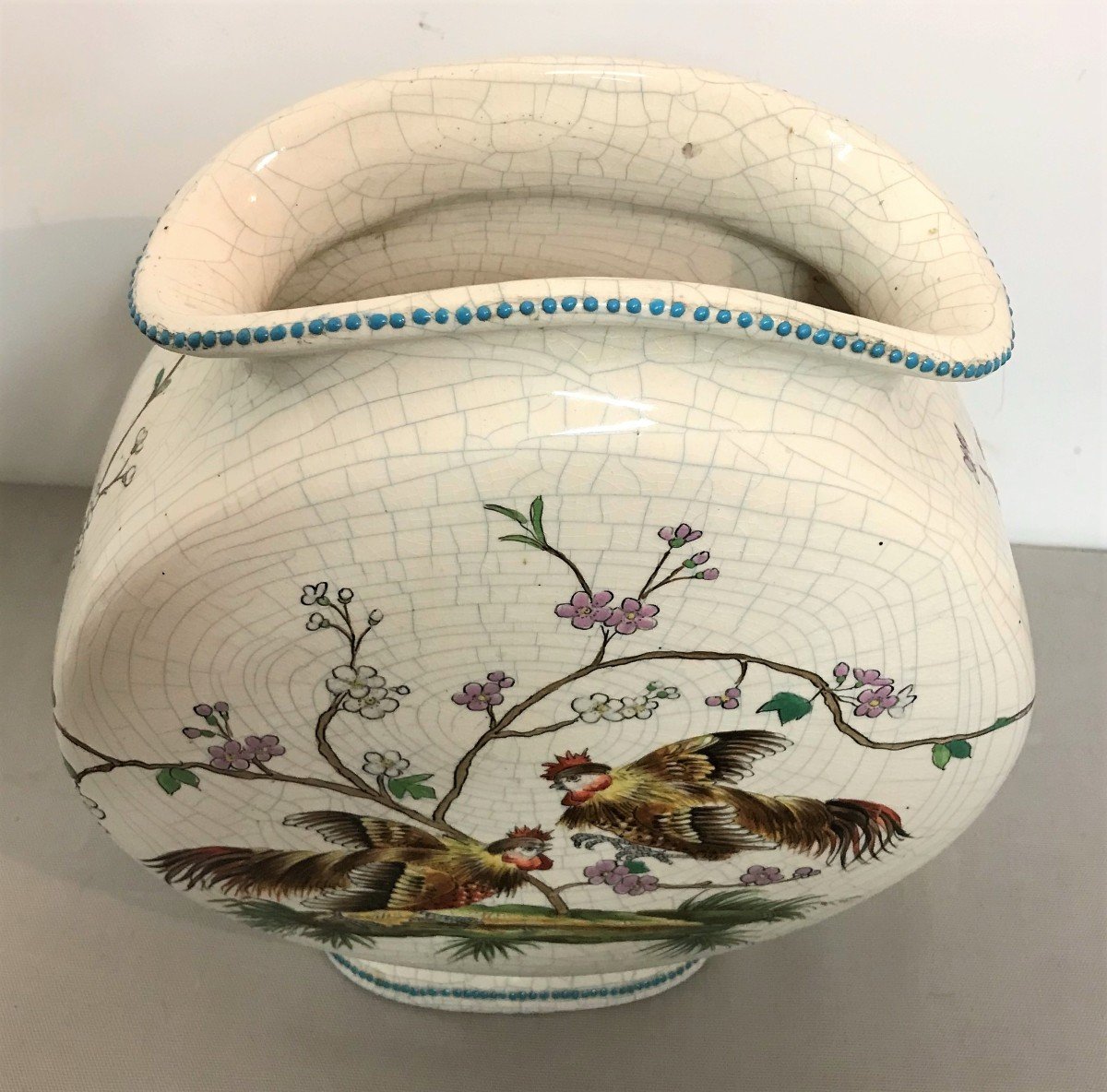 Vase en céramique de Tergnier à décor d'un combat de coqs XIXème siècle-photo-6