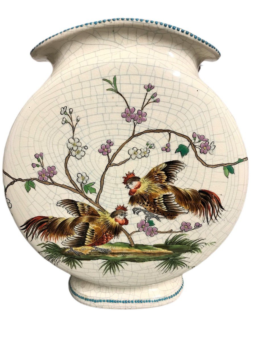 Tergnier Ceramic Vase Decorated With A 19th Century Cockfight