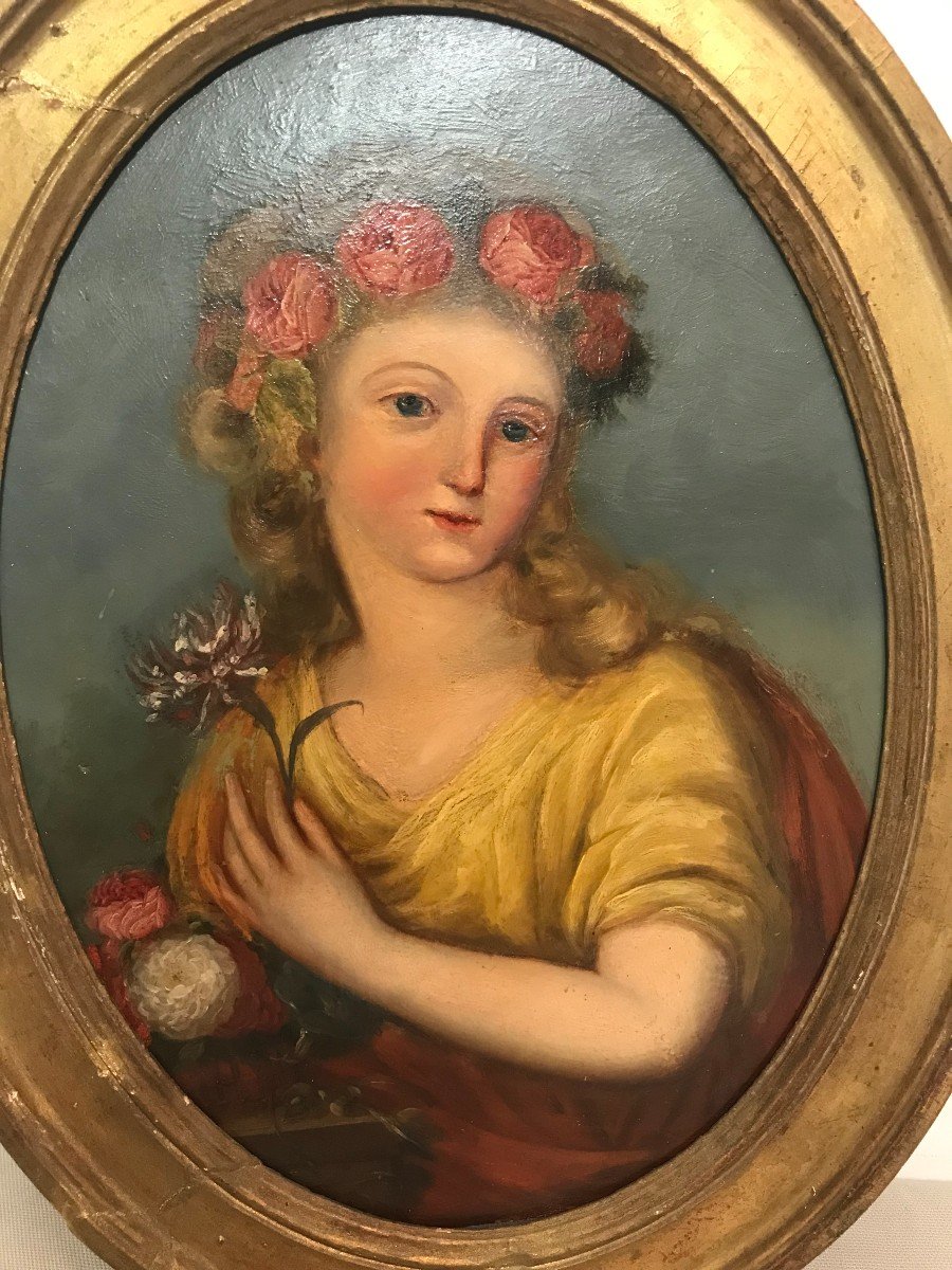 Tableau huile sur panneau jeune femme aux fleurs XIXème siècle-photo-2