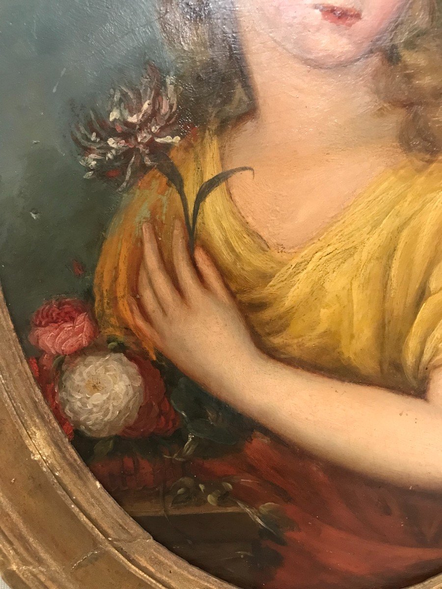 Tableau huile sur panneau jeune femme aux fleurs XIXème siècle-photo-4