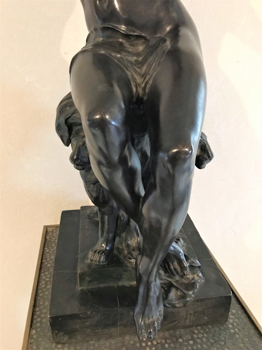 Grand bronze jeune femme nue à la rose par René Paris époque art nouveau-photo-5