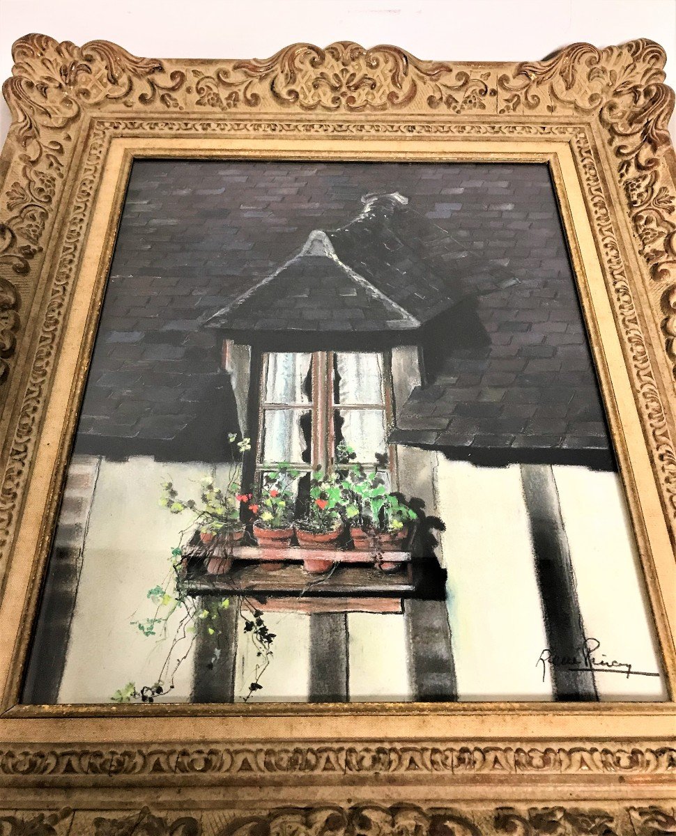 Tableau pastel  " fenêtre fleurie " époque XXème siècle-photo-2