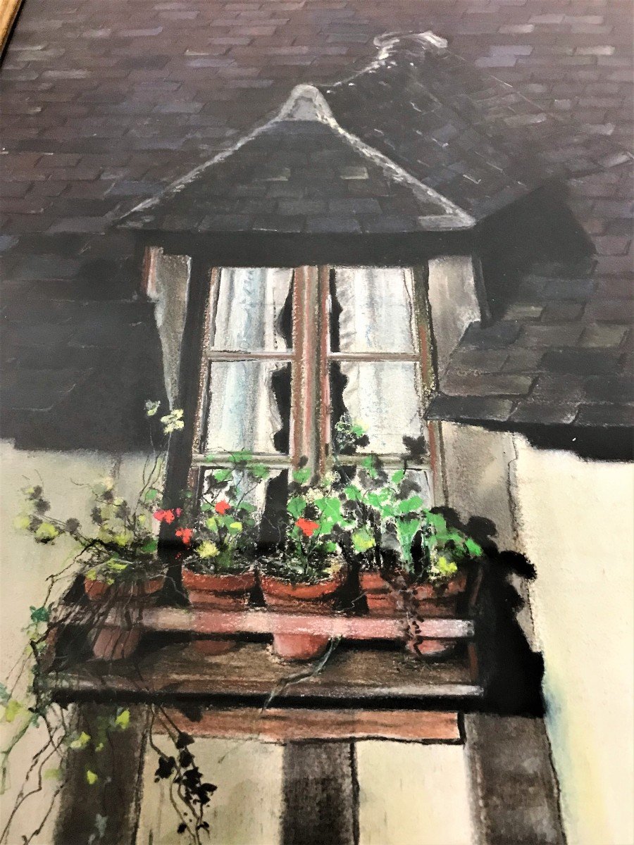 Twentieth Century Pastel Painting "flower Window"-photo-4