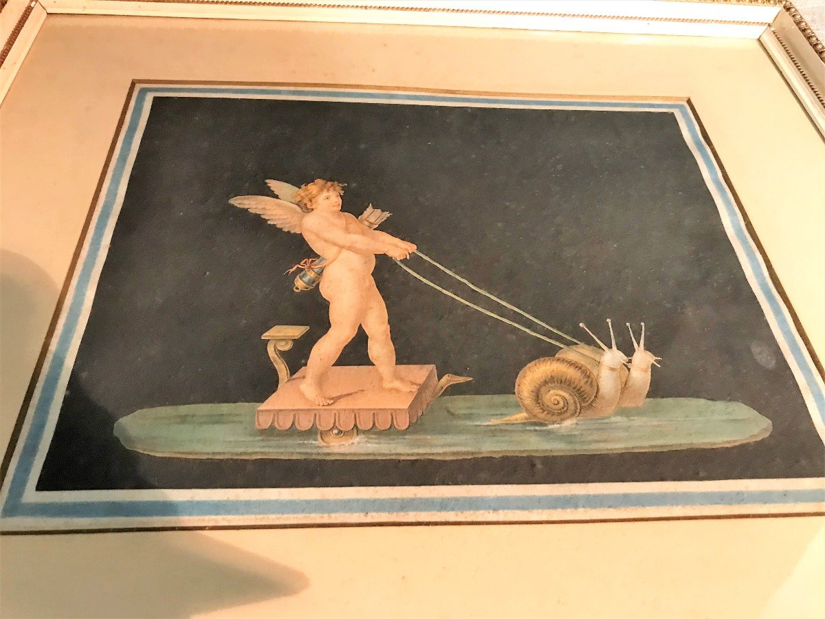 Gravure couleur Cupidon sur char aux escargots XIXème siècle-photo-2