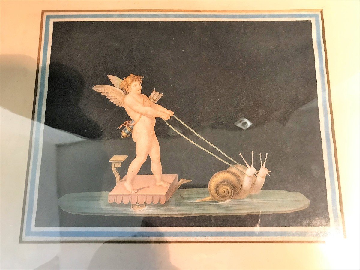 Gravure couleur Cupidon sur char aux escargots XIXème siècle-photo-3