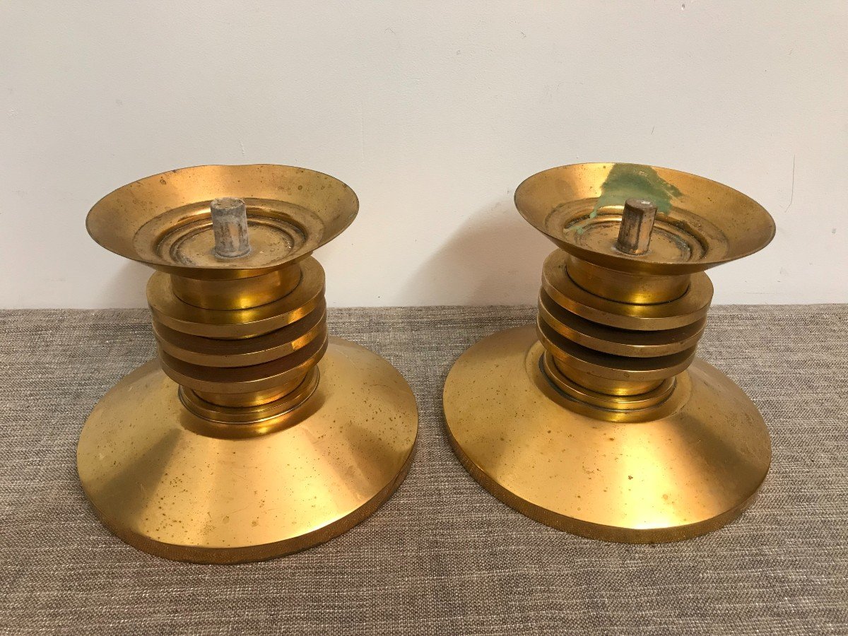 Pair Of Candlesticks In Gilded Brass, 1970s-photo-4