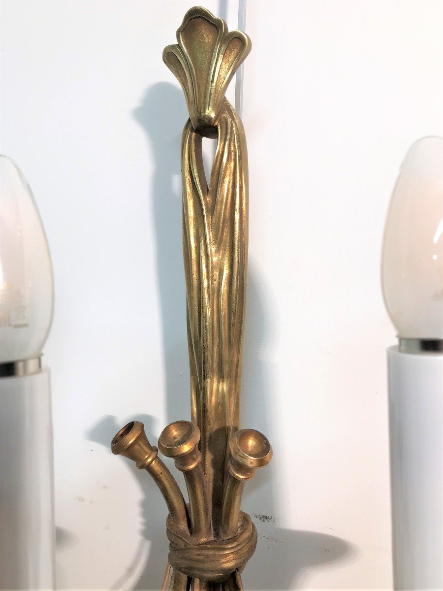 Grande paire d'appliques en bronze cors de chasse-photo-2