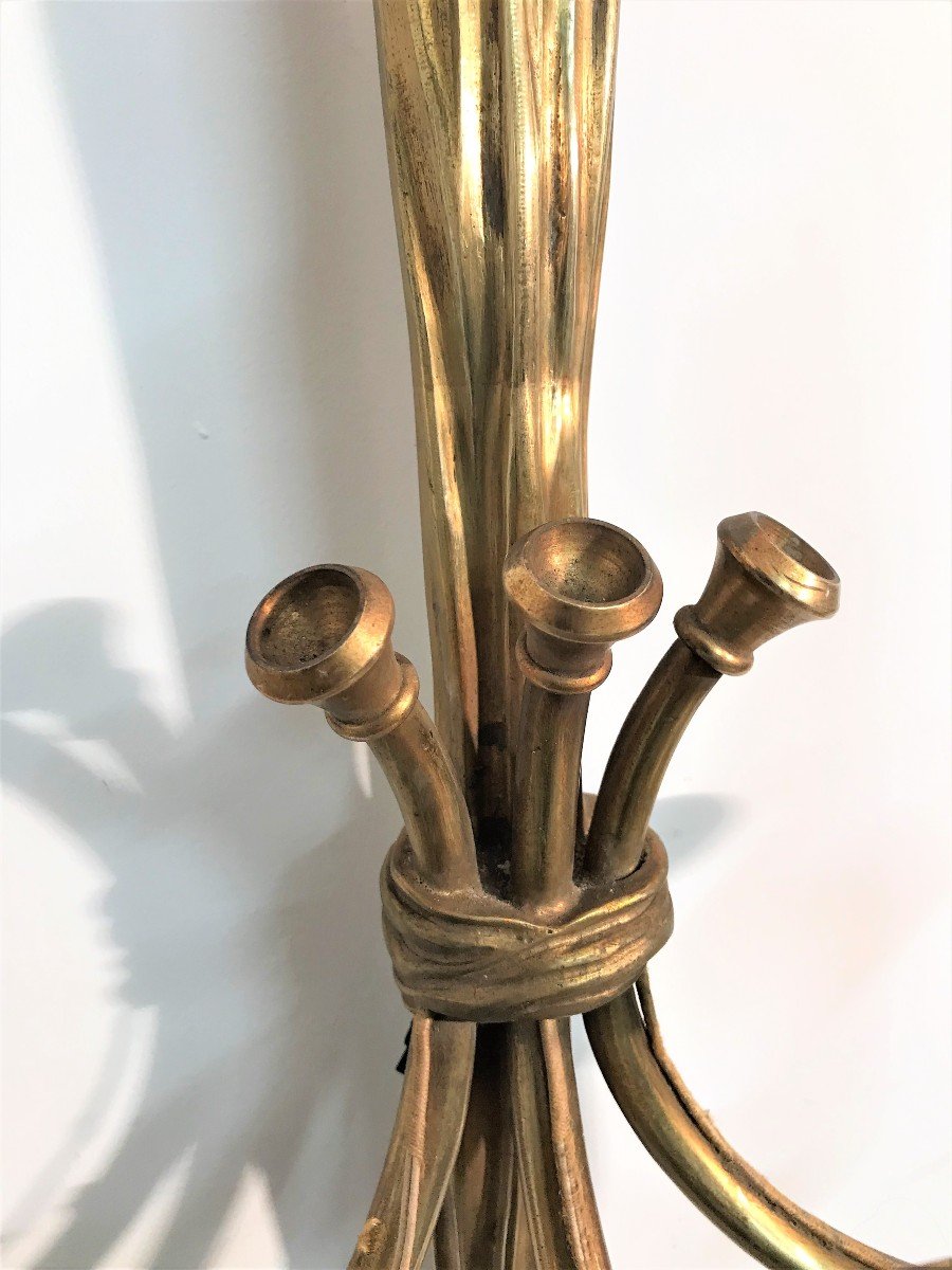 Grande paire d'appliques en bronze cors de chasse-photo-4