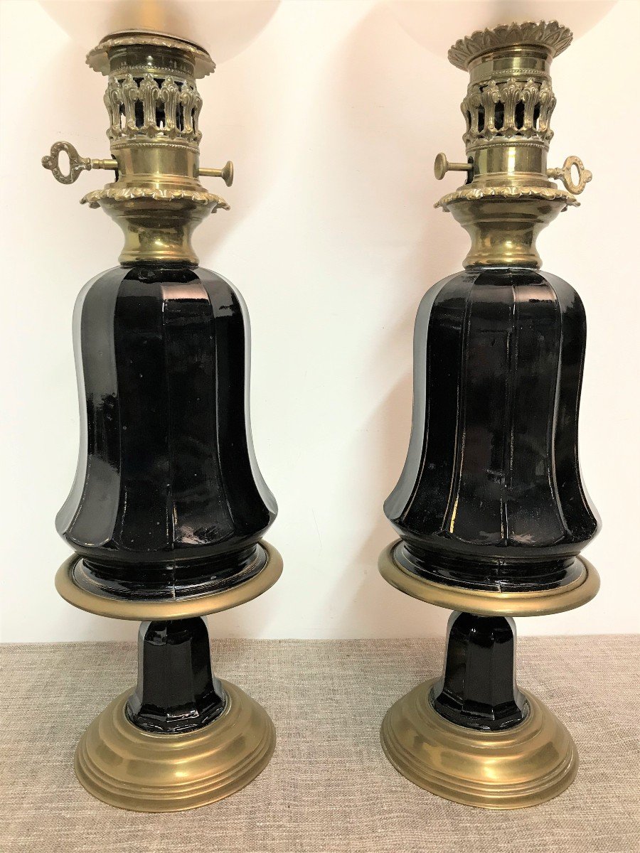 Paire de lampes à huile en opaline époque XIXème siècle-photo-2