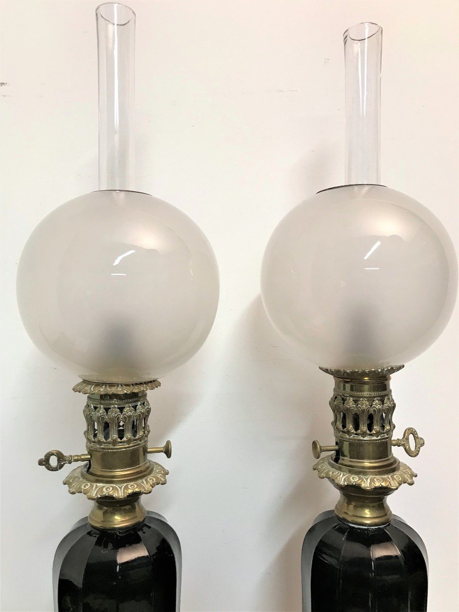 Pair Of 19th Century Opaline Oil Lamps-photo-3