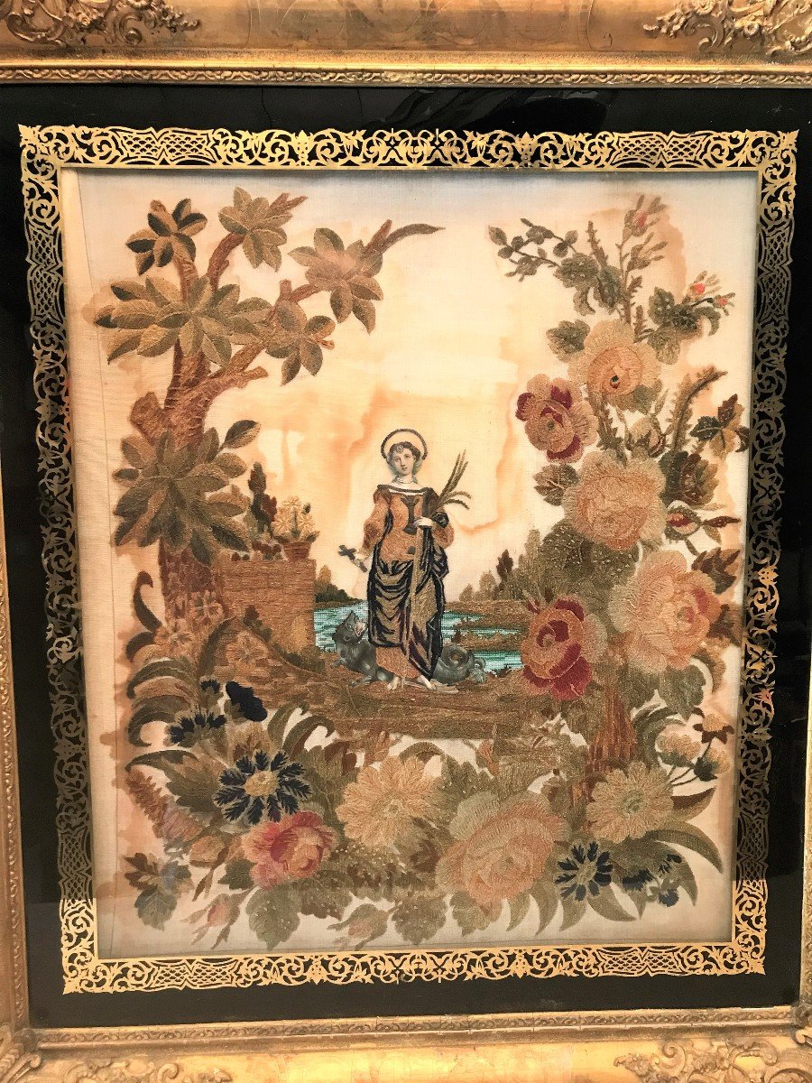 Religious Embroidery Painting Sainte Marguerite XIXth Century-photo-2