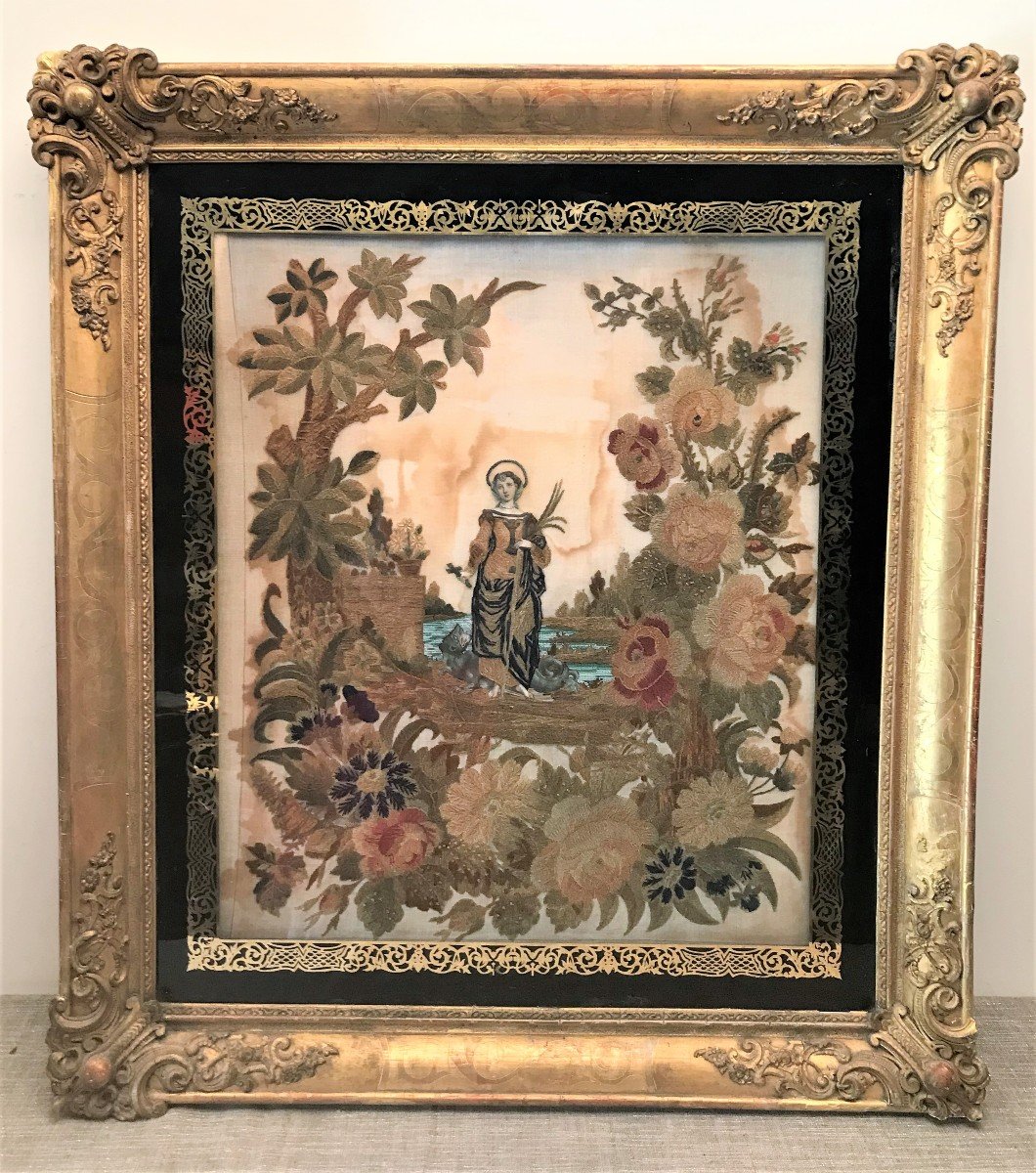 Religious Embroidery Painting Sainte Marguerite XIXth Century