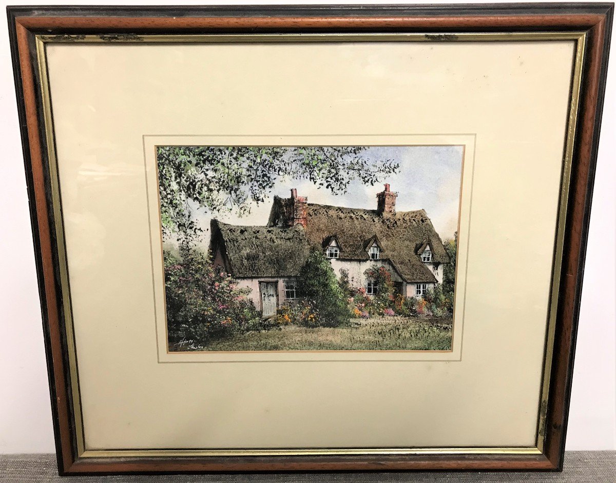 Tableau aquarelle représentant une chaumière époque XXème siècle-photo-2