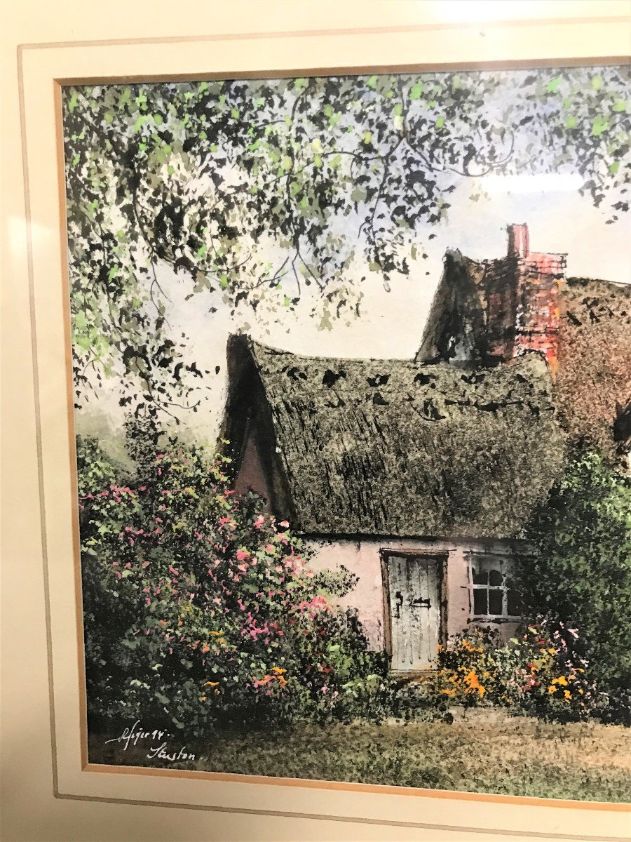 Tableau aquarelle représentant une chaumière époque XXème siècle-photo-3