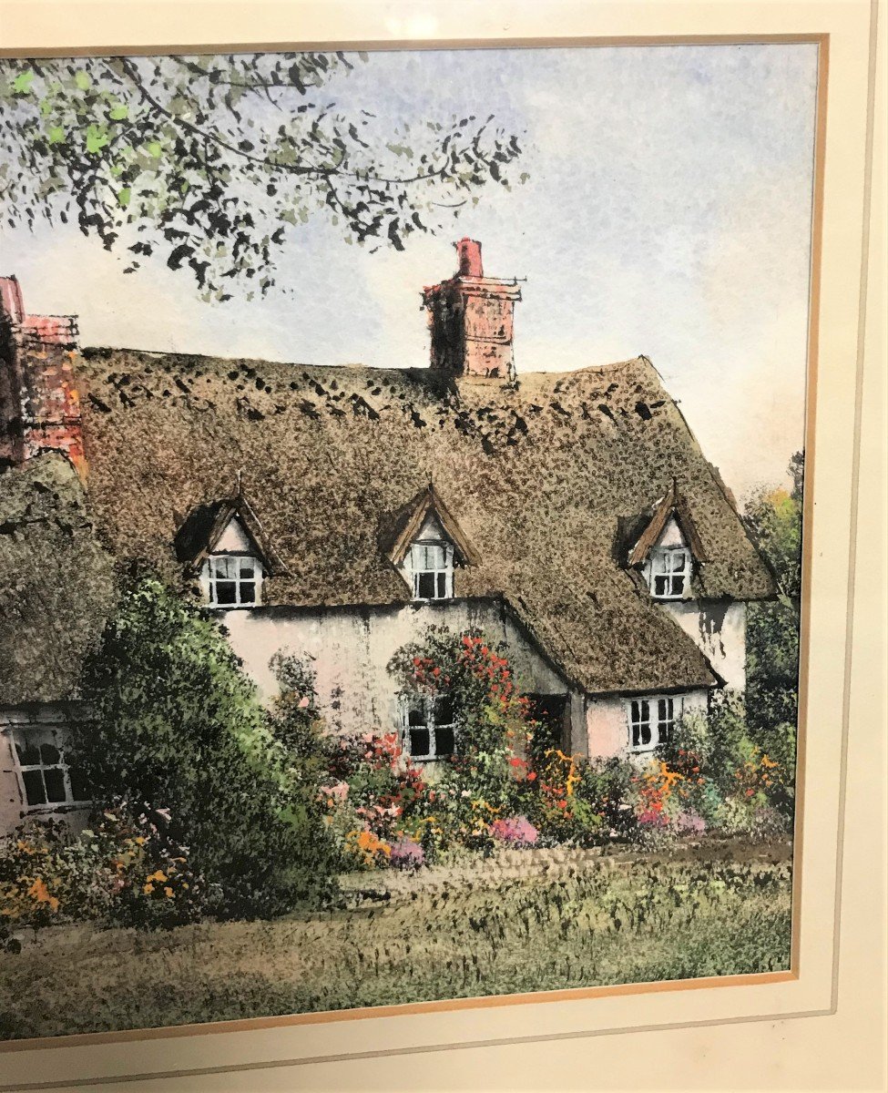 Tableau aquarelle représentant une chaumière époque XXème siècle-photo-1