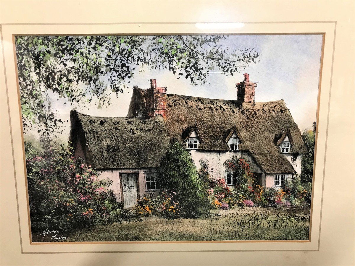 Tableau aquarelle représentant une chaumière époque XXème siècle