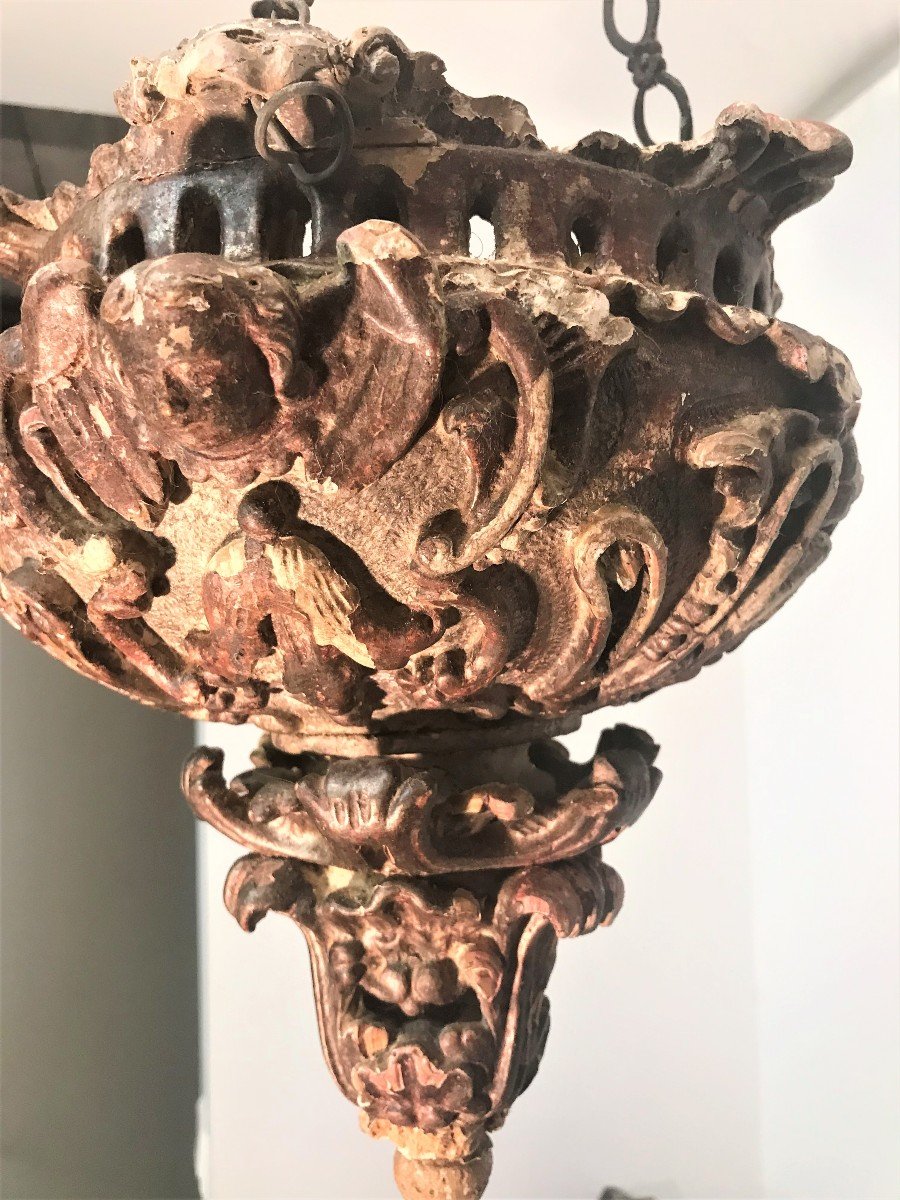 Lampe d'église en bois sculpté époque XVIIème siècle-photo-3