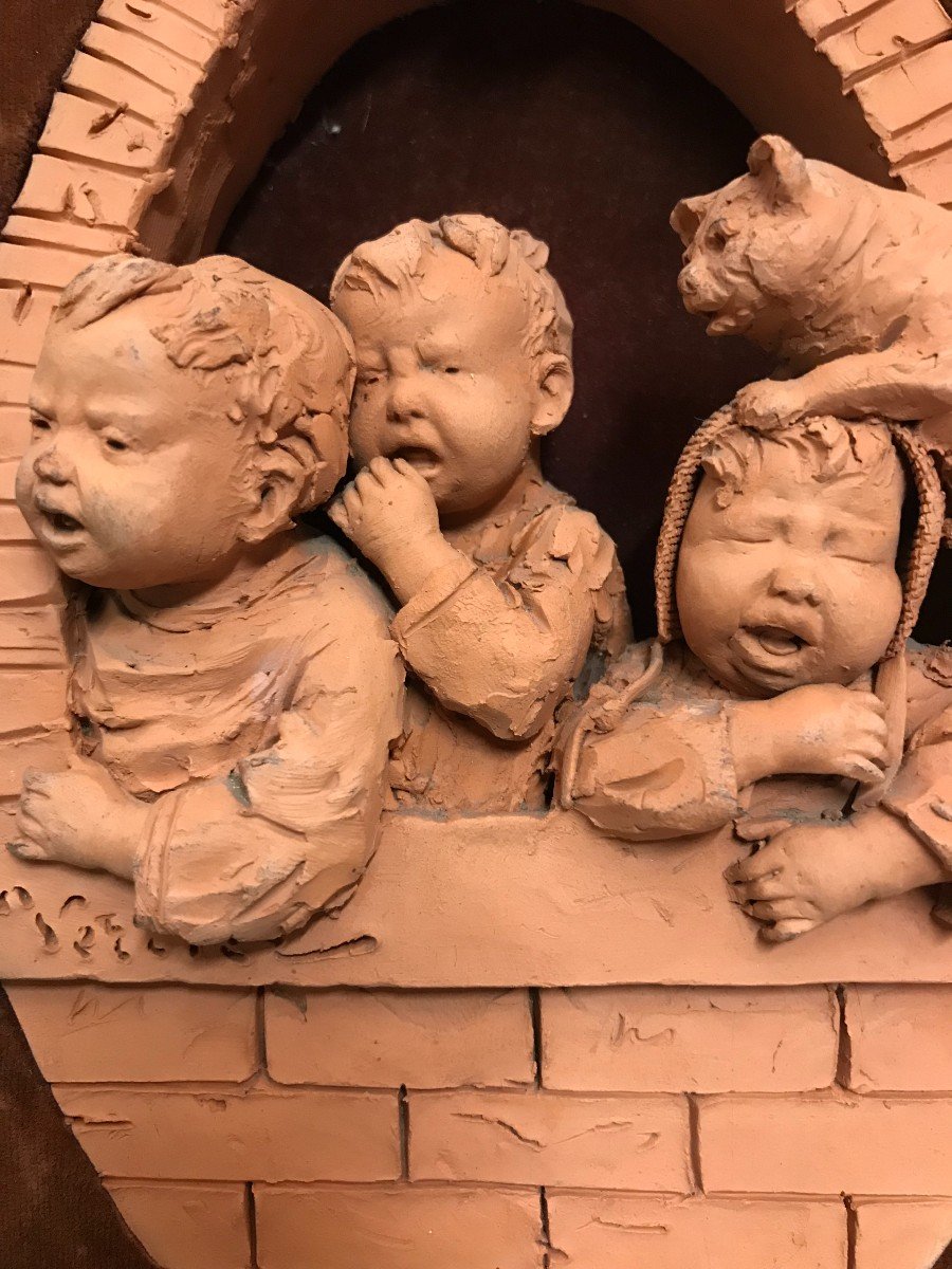 Two Framed Terracotta Sculptures Of Cats And Children, Early 20th Century-photo-1
