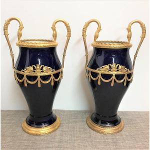 Pair Of Oven Blue And Gilt Bronze Vases Choisy Leroy