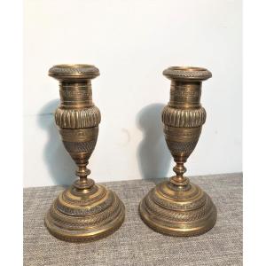 Pair Of Small Bronze Candlesticks, Restoration Period.