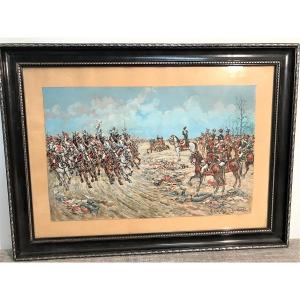 Gouache Napoléon 1er champs de bataille époque XIXème siècle