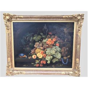 Large Still Life With 20th Century Parrots With 19th Century Frame