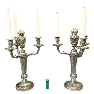 Pair Of Louis XVI Style Candelabras In Silvered Bronze