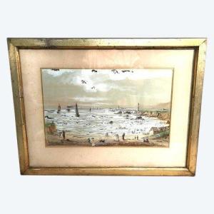 Tableau gouache  souvenirs des bains de mer 1894