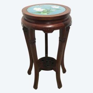 Japanese Mahogany Pedestal Table, Cloisonné Enamel Top, 20th Century