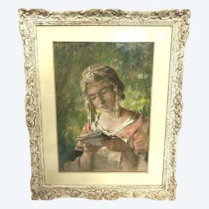 Pastel Painting Young Woman Reading