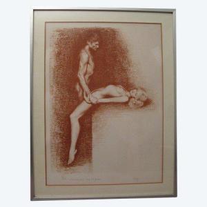 Lithograph Signed Aslan: Couple Of Lovers 20th Century Period