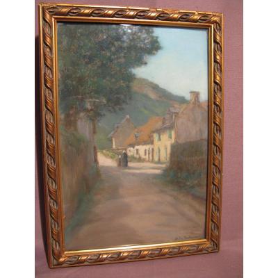 Pastel scène de village début XX ème siècle