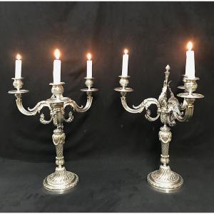 Pair Of Louis XVI Style Silver-plated Bronze Candelabras