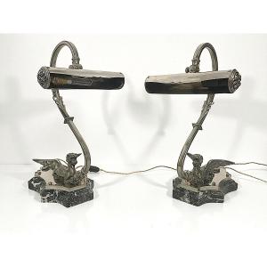 Pair Of Articulated Lamps In Nickel-plated Bronze