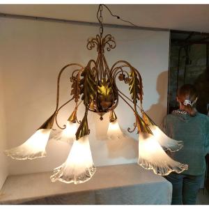 Large 1970s Murano Glass Chandelier, Euro Lamp Art Firenze