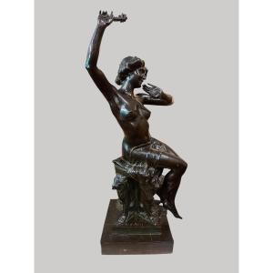 Large Bronze Of A Young Nude Woman With A Rose By René Paris Art Nouveau Period