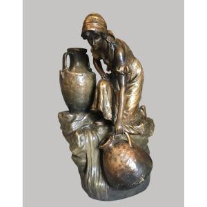 Goldscheider – Large Polychrome Terracotta Sculpture – Young Woman At The Fountain