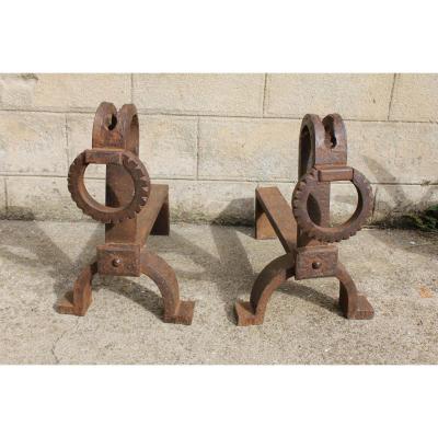 Pair Of Andirons Wrought Iron Early Twentieth Century